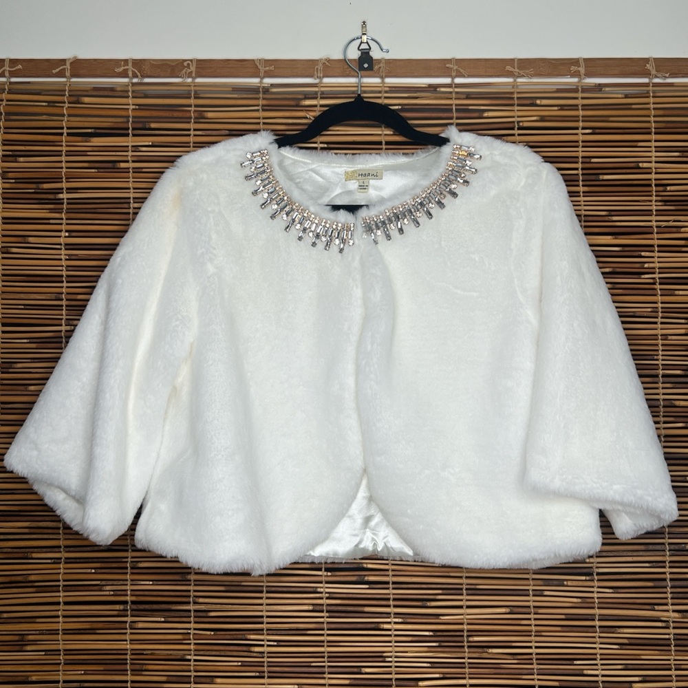 Haani White Faux Fur Jacket with Rhinestone Embellishment